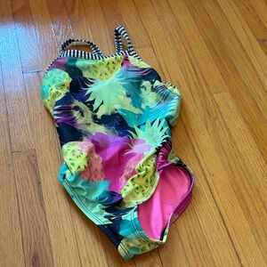 Dolfin Kids One Piece Swimsuit - Pink and Green Tropical